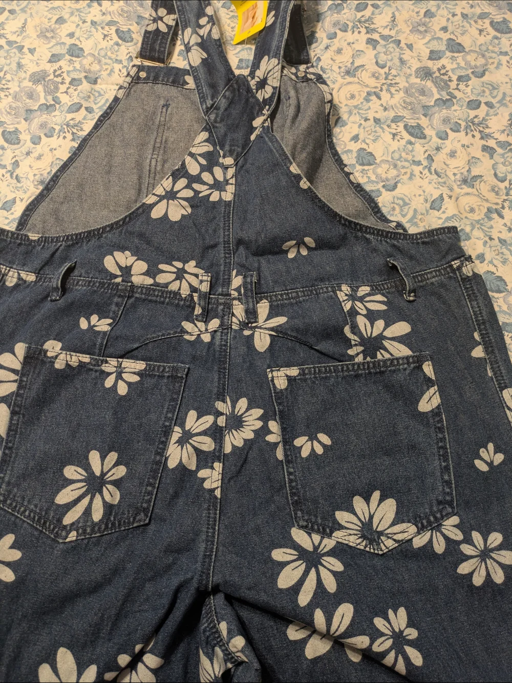 Women's Blue Floral Denim Bib Overalls - Barrel Leg - Picture 7 of 8